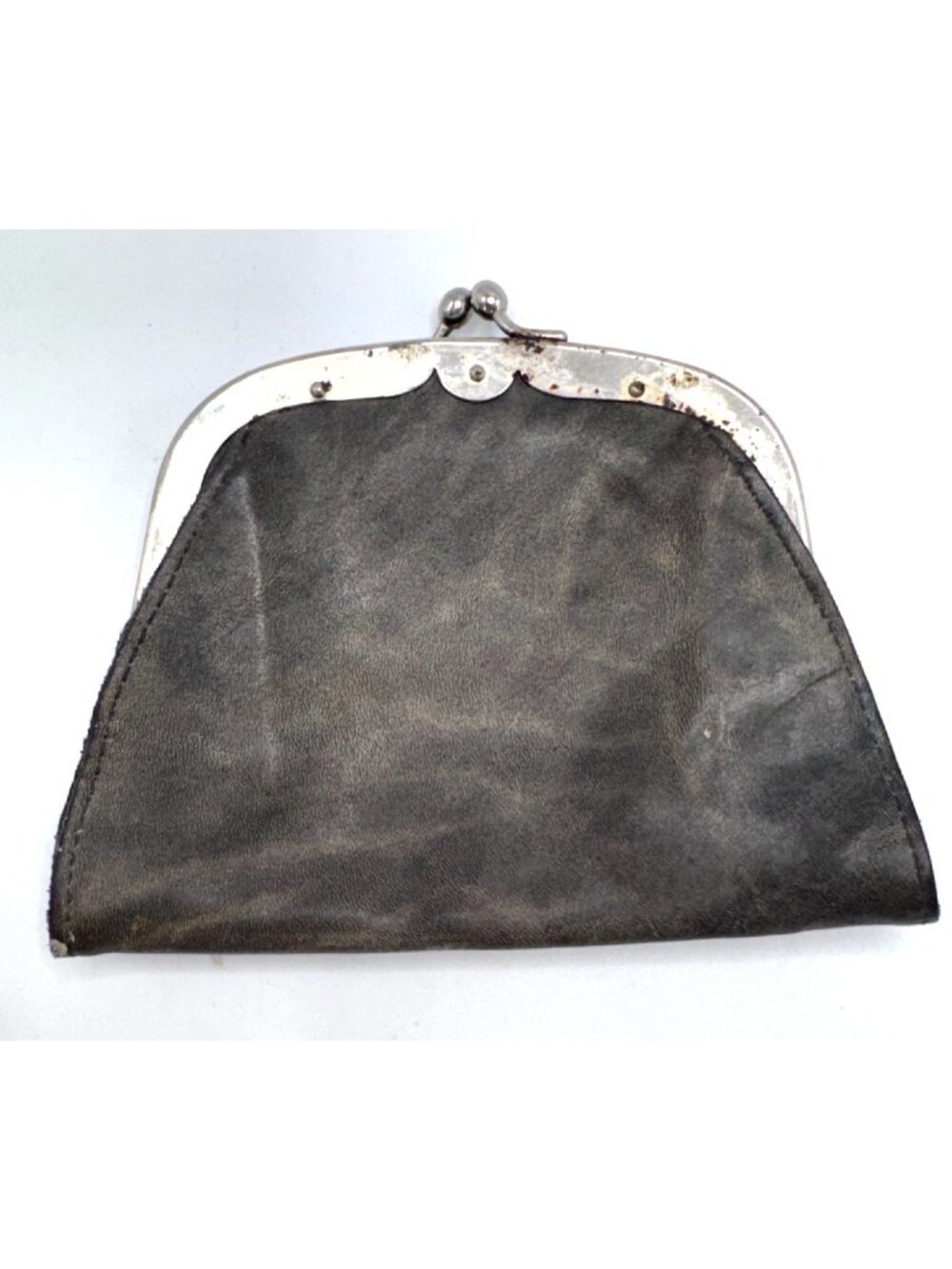 Vintage Leather Coin Purse Gray Silver-Tone Metal Frame  Kiss-Lock Closure Mid C